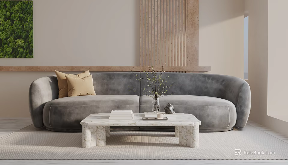 Gray Three-Seater Sofa In Modern Living Room With Marble Coffee Table Books And Decorative Vase 3d model 