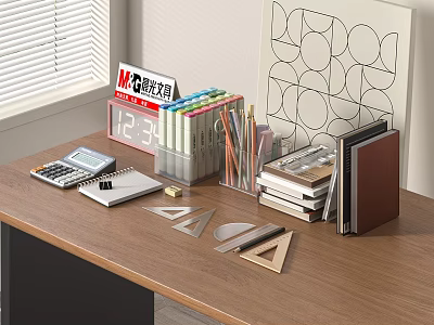 Notebook on Wooden Desk with Calculator Calendar Colored Pens Rulers and Geometric Pattern Painting 3d model