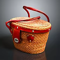 Handcrafted Woven Basket With Red Leather Handle And Metal Buckle
