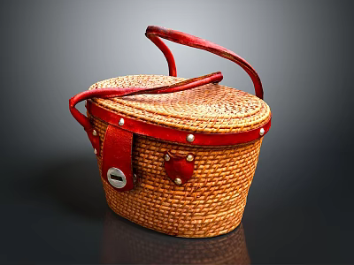 Handcrafted Woven Basket With Red Leather Handle And Metal Buckle 3d model