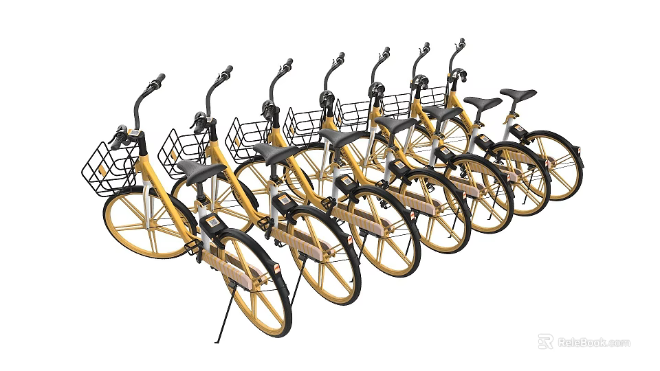 Modern Bicycle Lockers With Neatly Arranged Yellow Bicycles And Baskets 3d model 