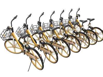 Modern Bicycle Lockers With Neatly Arranged Yellow Bicycles And Baskets 3d model