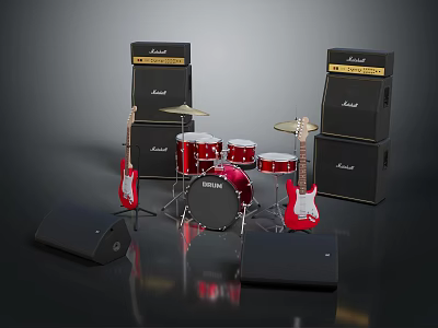Red Electric Guitars Drum Set With Black Marshall Amplifiers Cymbals And Speakers 3d model