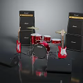 Red Electric Guitars Drum Set With Black Marshall Amplifiers Cymbals And Speakers