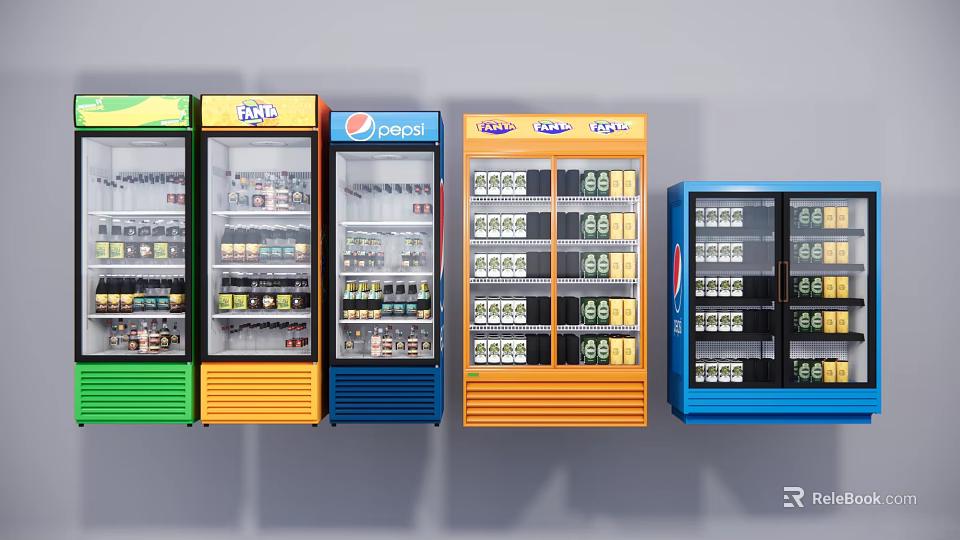 Commercial Beverage Display Refrigerators With Multiple Brand Logos And Colorful Exteriors 3d model 