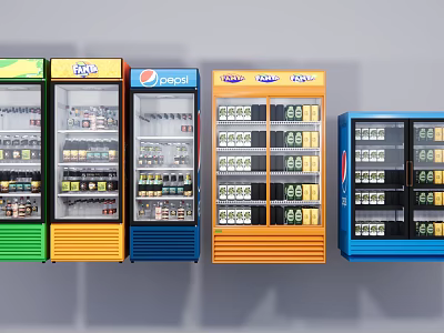 Commercial Beverage Display Refrigerators With Multiple Brand Logos And Colorful Exteriors 3d model
