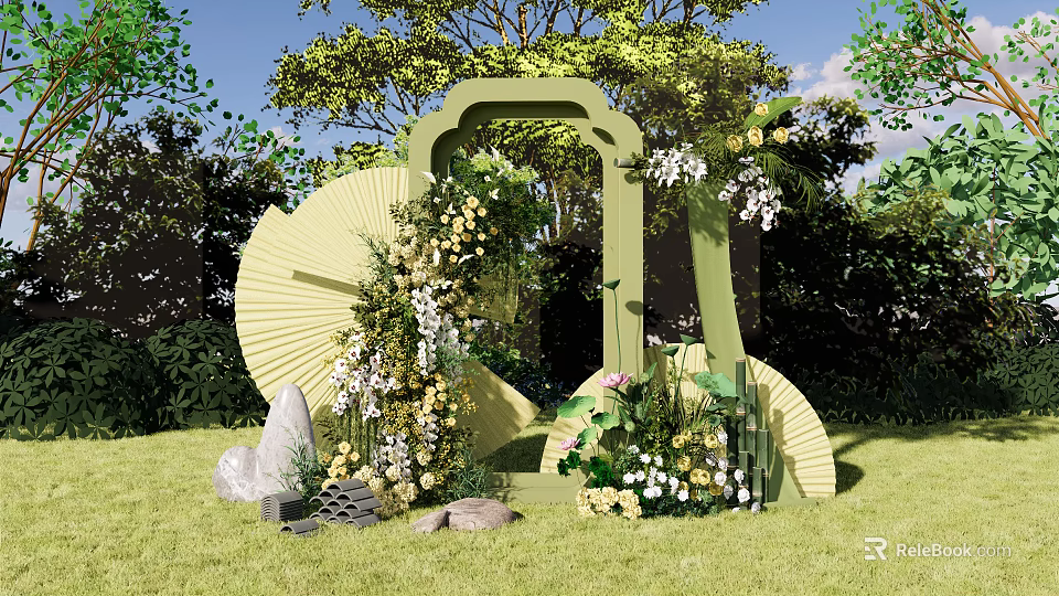 Outdoor Garden Decor With Green Arch Flowers Large Fans Grass And Trees 3d model 