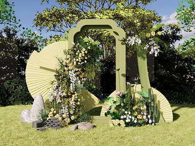 Outdoor Garden Decor With Green Arch Flowers Large Fans Grass And Trees 3d model