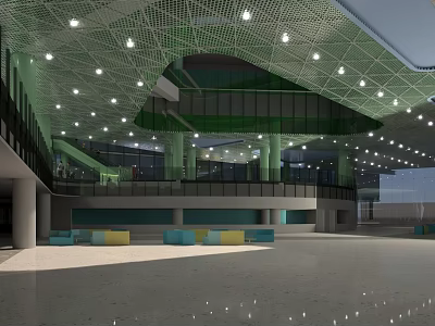 Modern Shopping Mall Lobby With Grid Ceiling Lighting Green Accents And Colorful Seats 3d model