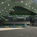 Modern Shopping Mall Lobby With Grid Ceiling Lighting Green Accents And Colorful Seats