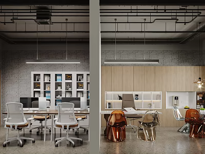 Modern Office Interior Design With Bookshelves Wooden Walls And Metal Chairs 3d model