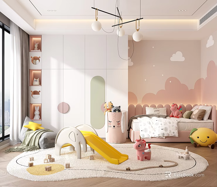 Pastel Pink Kids Room With Slide Toys Bed And Clouds 3d model 
