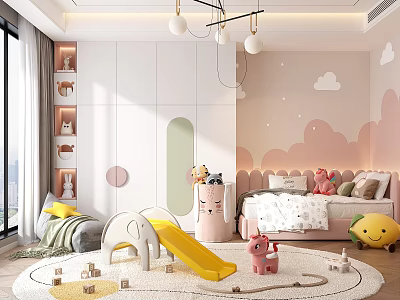 Pastel Pink Kids Room With Slide Toys Bed And Clouds 3d model