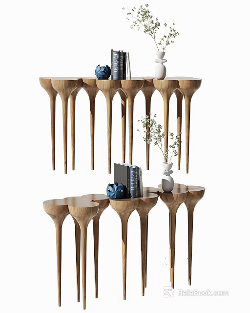 Wooden Console Table with Unique Pedestal Design Decorated with Books Vase Green Plant and Ornaments 3d model 