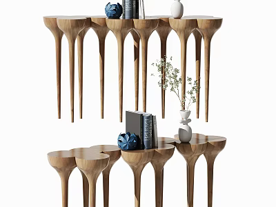 Wooden Console Table with Unique Pedestal Design Decorated with Books Vase Green Plant and Ornaments 3d model