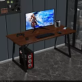 Wooden Top Gaming Computer Desk with Black Metal Frame LED Strip Lights PC Tower Accessories