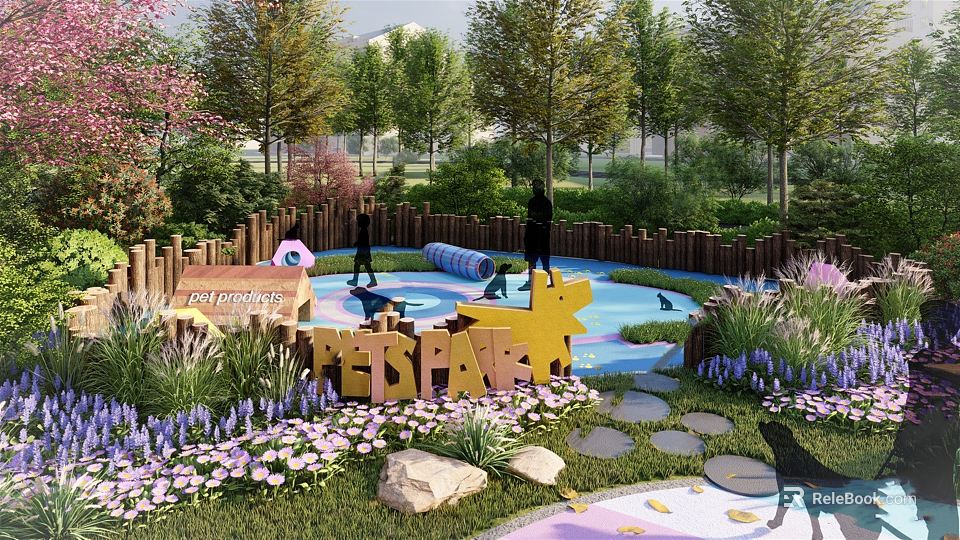 Pet Park With Green Lawn Colorful Flowers Trees Wooden Fence And Play Area 3d model 
