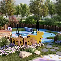 Pet Park With Green Lawn Colorful Flowers Trees Wooden Fence And Play Area