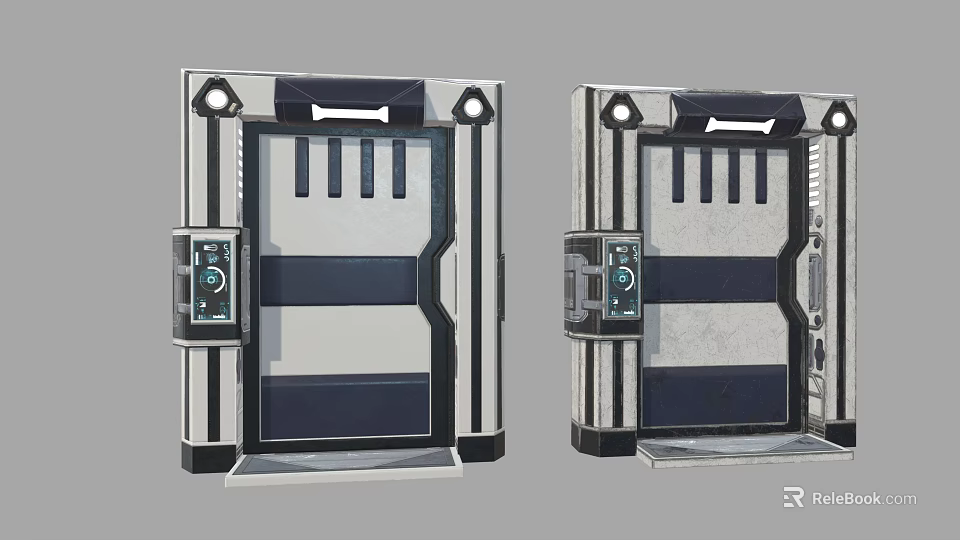 Futuristic Metal Gate Design With Geometric Lines And Digital Control Panel 3d model