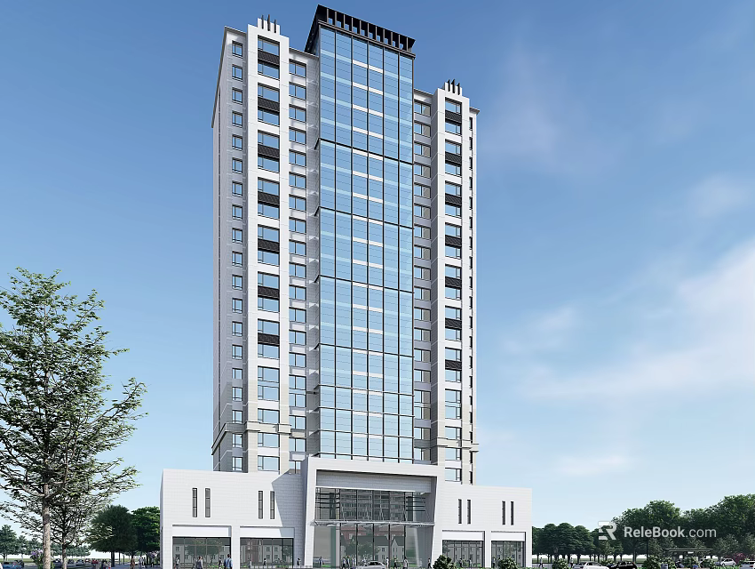 Modern High Rise Office Building With Glass Curtain Wall Exterior And Surrounding Trees 3d model 