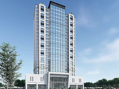 Modern High Rise Office Building With Glass Curtain Wall Exterior And Surrounding Trees 3d model