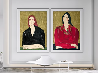 Elegant Portrait Paintings of Two Figures in Black and Red Clothing on Interior Wall 3d model