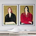 Elegant Portrait Paintings of Two Figures in Black and Red Clothing on Interior Wall