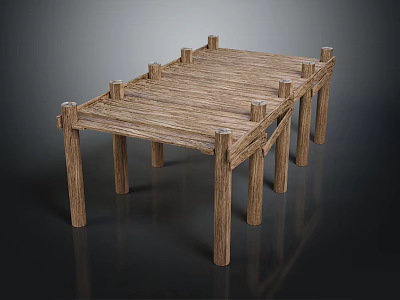 Rustic Wooden Platform Structure With Multiple Support Posts And Plank Surface 3d model