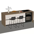 Modern Bar Counter With Wooden Top Black Bar Stools Vase Bread Fruits And Cooktop