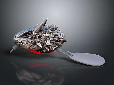 Silver Dragon Head Decorative Ornament With Spikes Red Glowing Base And White Spoon Component 3d model