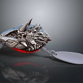 Silver Dragon Head Decorative Ornament With Spikes Red Glowing Base And White Spoon Component