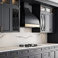 Modern Kitchen Interior With Gray Cabinets Marble Countertop Range Hood And Built In Ovens
