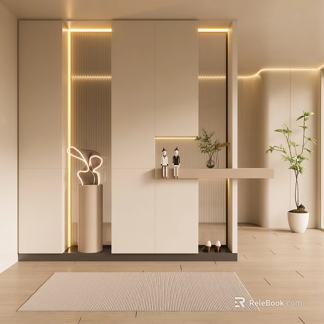 Modern Luxury Shoe Cabinet In Entryway With Mirror Ambient Lighting And Decorative Plants 3d model 