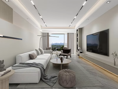 Modern Living Dining Room Interior With White Sofa TV Wall And Floor to Ceiling Windows 3d model