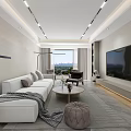 Modern Living Dining Room Interior With White Sofa TV Wall And Floor to Ceiling Windows