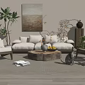 Natural Beige Sofa And Wooden Coffee Table Set With Woven Rug Green Plants And Cat