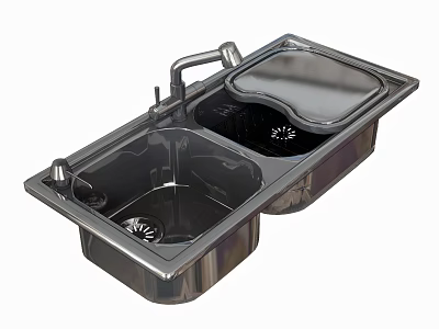 Stainless Steel Double Bowl Kitchen Sink With Modern Faucet And Drainer 3d model