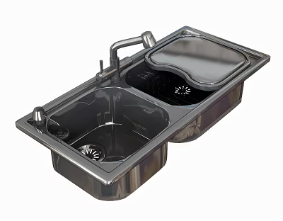 Stainless Steel Double Bowl Kitchen Sink With Modern Faucet And Drainer 3d model