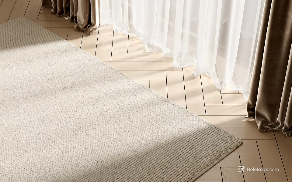 Light Beige Woven Square Rug On Wooden Floor With White Curtains And Natural Light 3d model 
