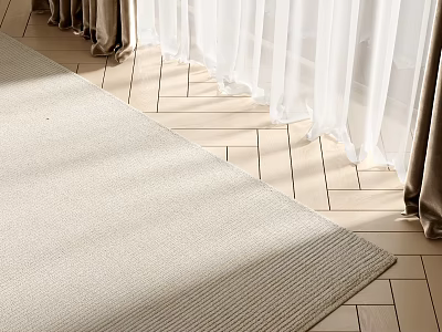 Light Beige Woven Square Rug On Wooden Floor With White Curtains And Natural Light 3d model