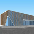 Modern Urban Building With Orange Geometric Facade Glass Entrance And Pedestrians