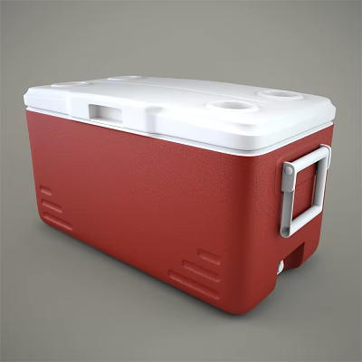 Red And White Cooler Box With Lid Handle And Ventilation Holes For Outdoor Use 3d model