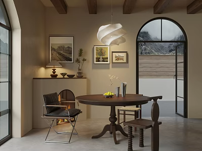 Rustic Restaurant Interior With Wooden Beam Ceiling Arched Doorway Round Dining Table And Mountain View 3d model