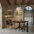 Rustic Restaurant Interior With Wooden Beam Ceiling Arched Doorway Round Dining Table And Mountain View