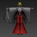 Game Character With Yellow Headdress White Gray Top Red Long Skirt Holding Feather Fan