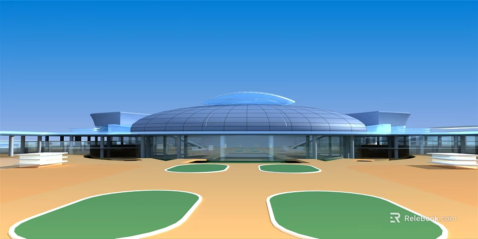 Modern Office Building With Glass Dome Structure Surrounded By Green Landscaped Areas 3d model 