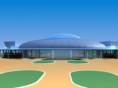 Modern Office Building With Glass Dome Structure Surrounded By Green Landscaped Areas 3d model