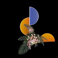 Colorful Geometric Shapes With Pink White Flowers And Green Leaves On Black Background