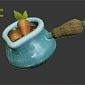 Commercial Cooking Pot With Blue Body Wooden Handle And Fresh Carrots