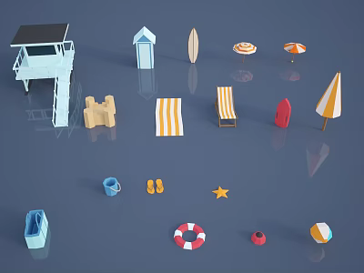 Beach Themed Decorative Ornament Set with Lifeguard Tower Surfboard Beach Chair and Umbrella 3d model